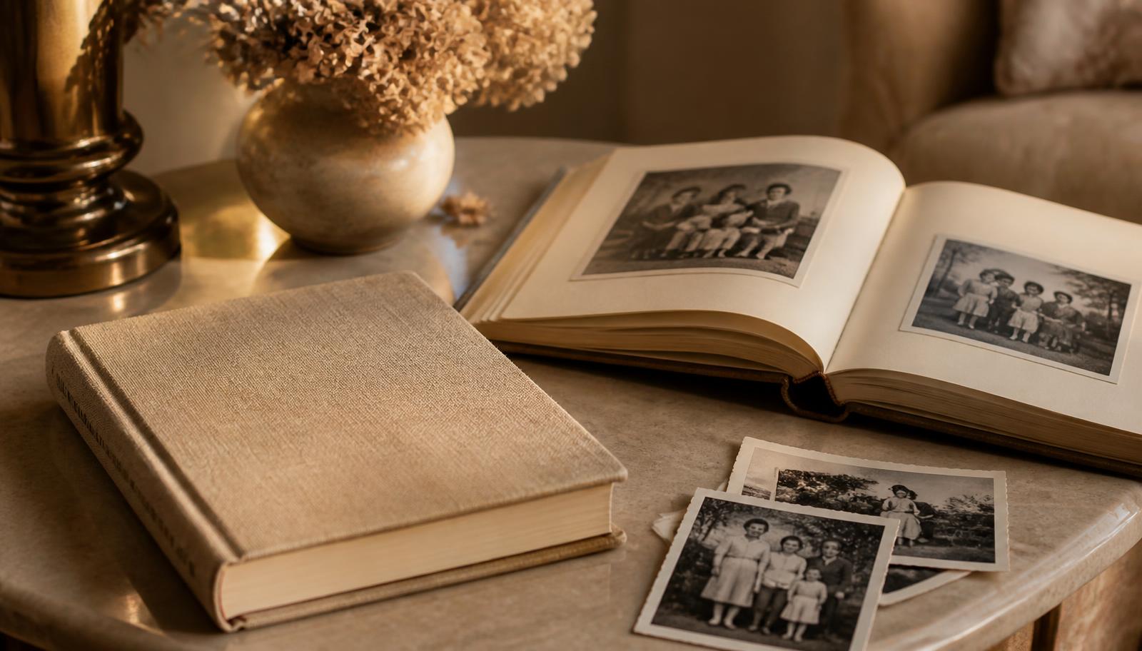 A linen-bound memoir book beside an open family photo album and vintage photographs in warm evening light